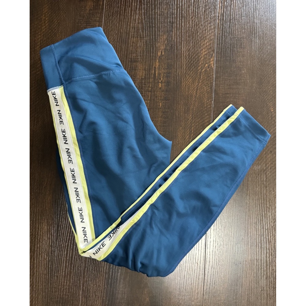 Nike Women Blue Teal Dri-FIT Capri Leggings Logo Tape Side Stripe Sz S 1057